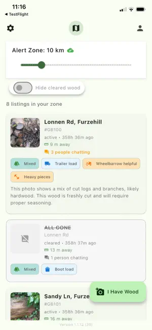 Firewood Friends app screenshot showing messages and activity