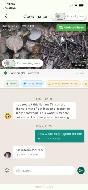 Firewood Friends app screenshot showing alert and listing activity